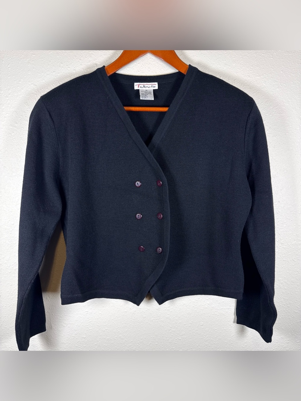 Talbots Double Breasted Merino Wool Knit Cardigan Jacket Vintage Shoulder Pads M